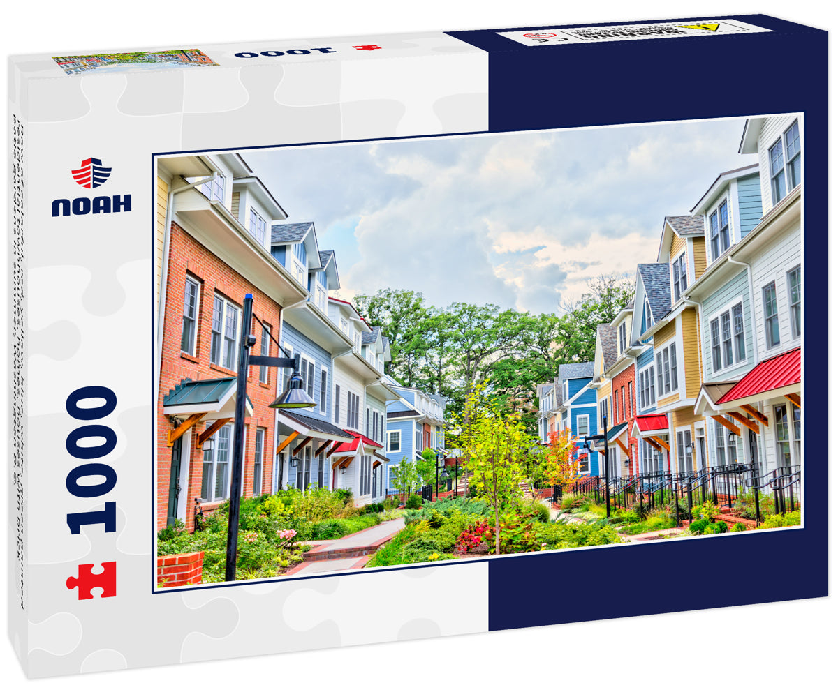 Row of colorful, red, yellow, blue, white, green painted residential townhouses, homes, houses with brick patio gardens in summer, Washington D.C.