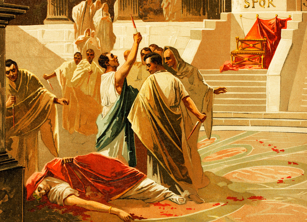 Death of Gaius Julius Caesar, Roman emperor. 100 B. C.-44 B.C. Antique illustration. Book of history. 1897