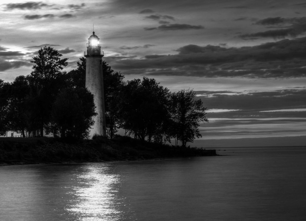 Point Aux Barques Lighthouse, Lake Huron. Port Hope, Michigan in black white
