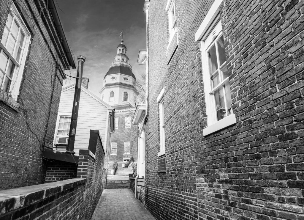 Annapolis, Maryland, USA view of the Maryland State House in black white