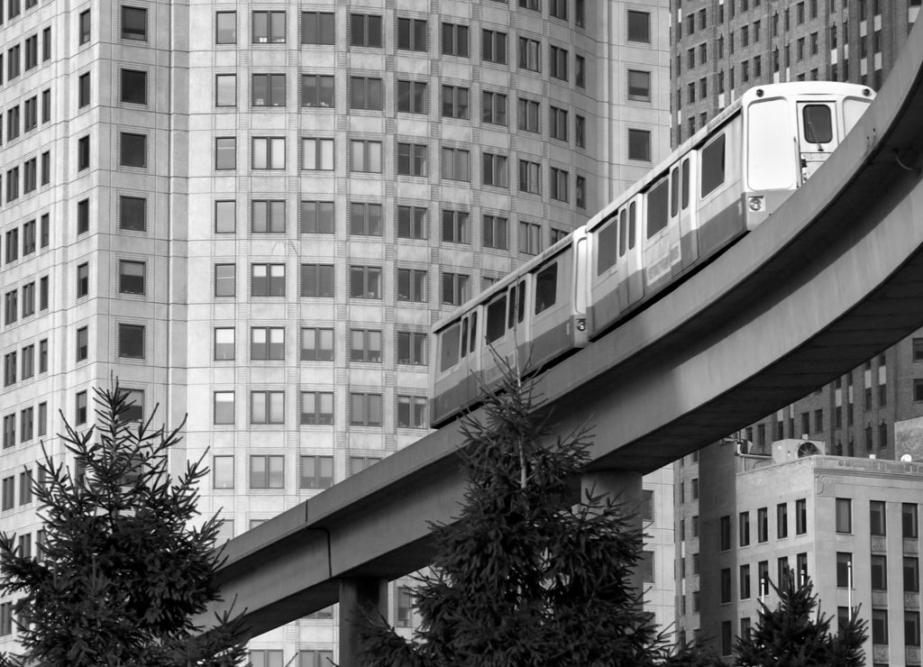 Downtown transit, Detroit Michigan in black white