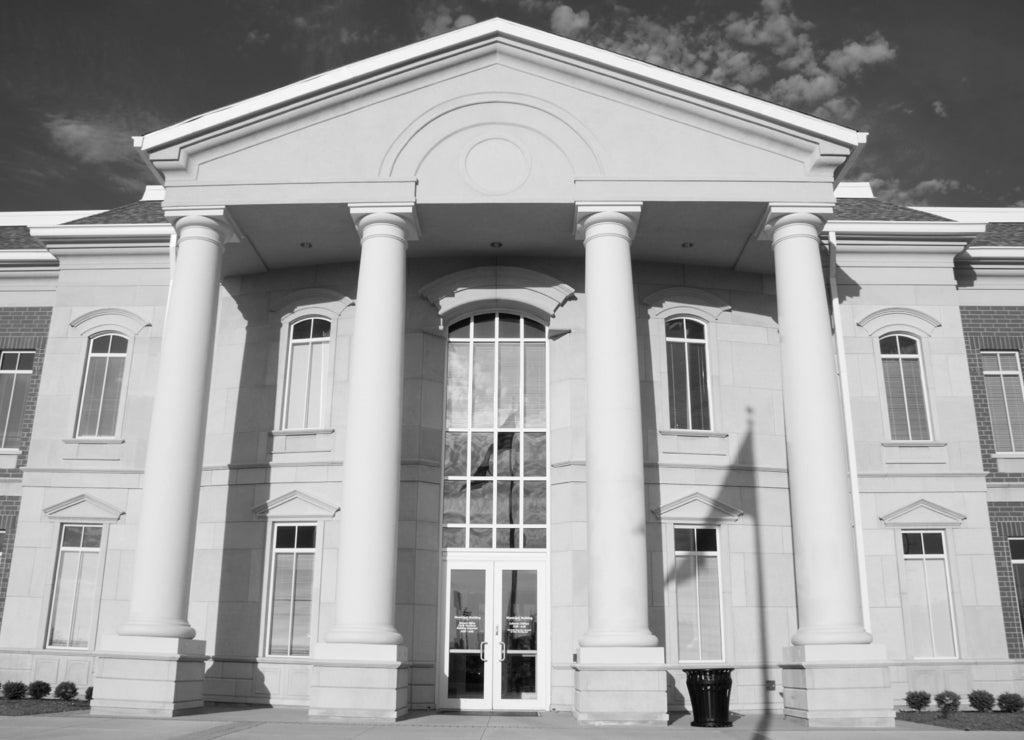 Main entrance to the City Hall in Lebanon, Indiana in black white