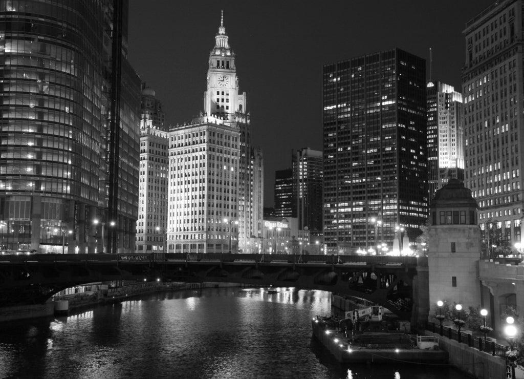 Chicago River at Night, Illinois in black white