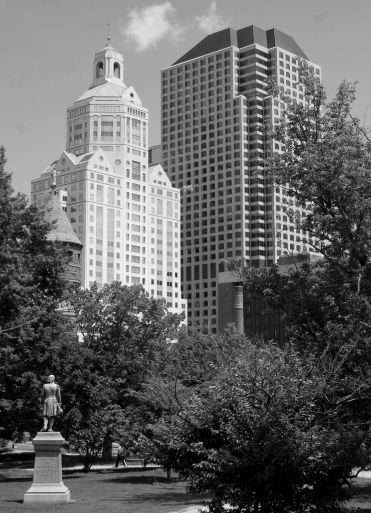 The Harford Connecticut city skyline from Bushnell Park in black white