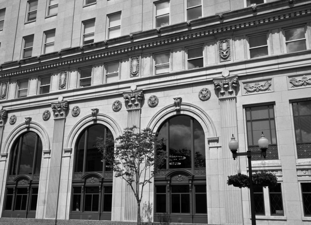 City Hall in Rockford, Illinois in black white