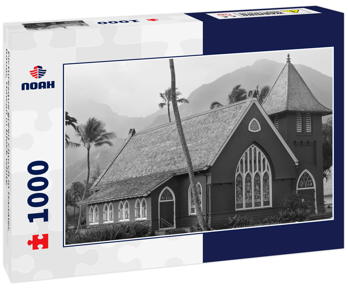 Picturesque green church in Hanalei, Kauai, Hawaii in black white