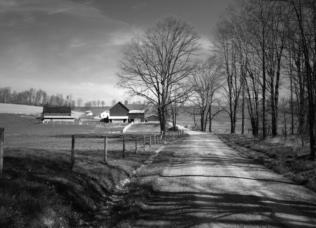 Amish Farm, Ohio in black white