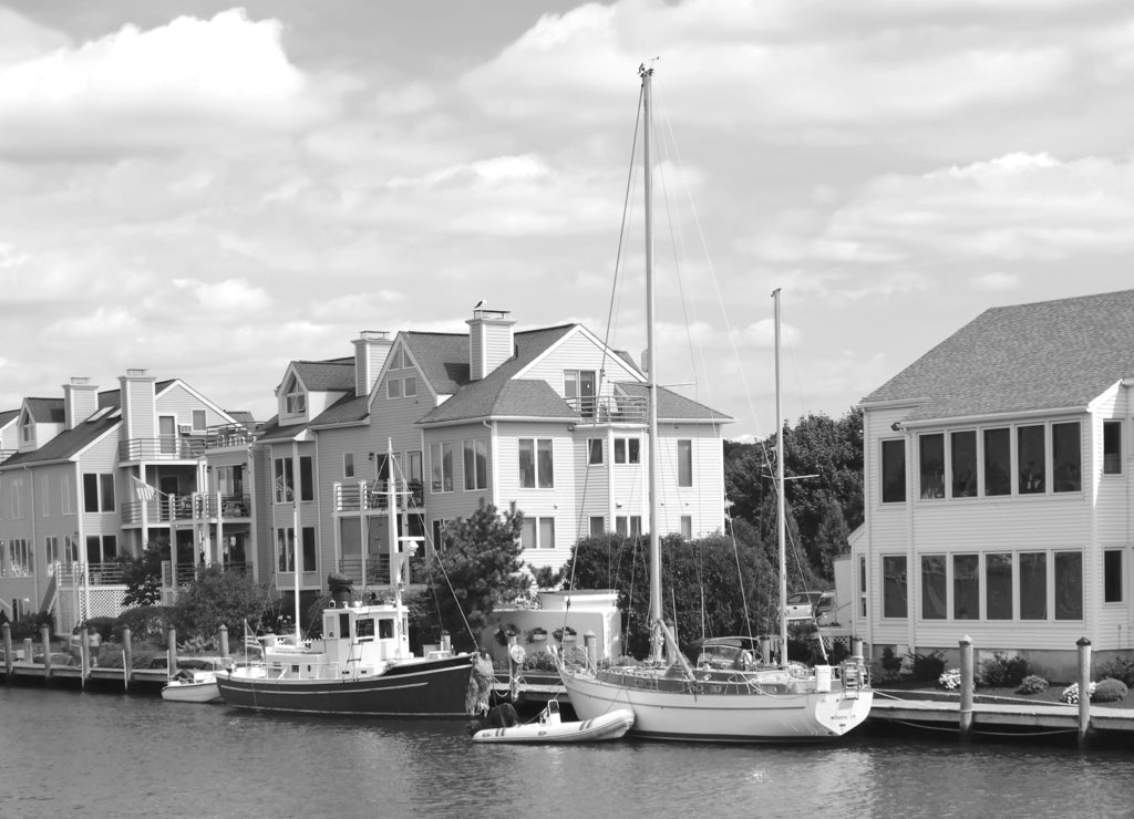 Mystic River Waterfront, Connecticut in black white