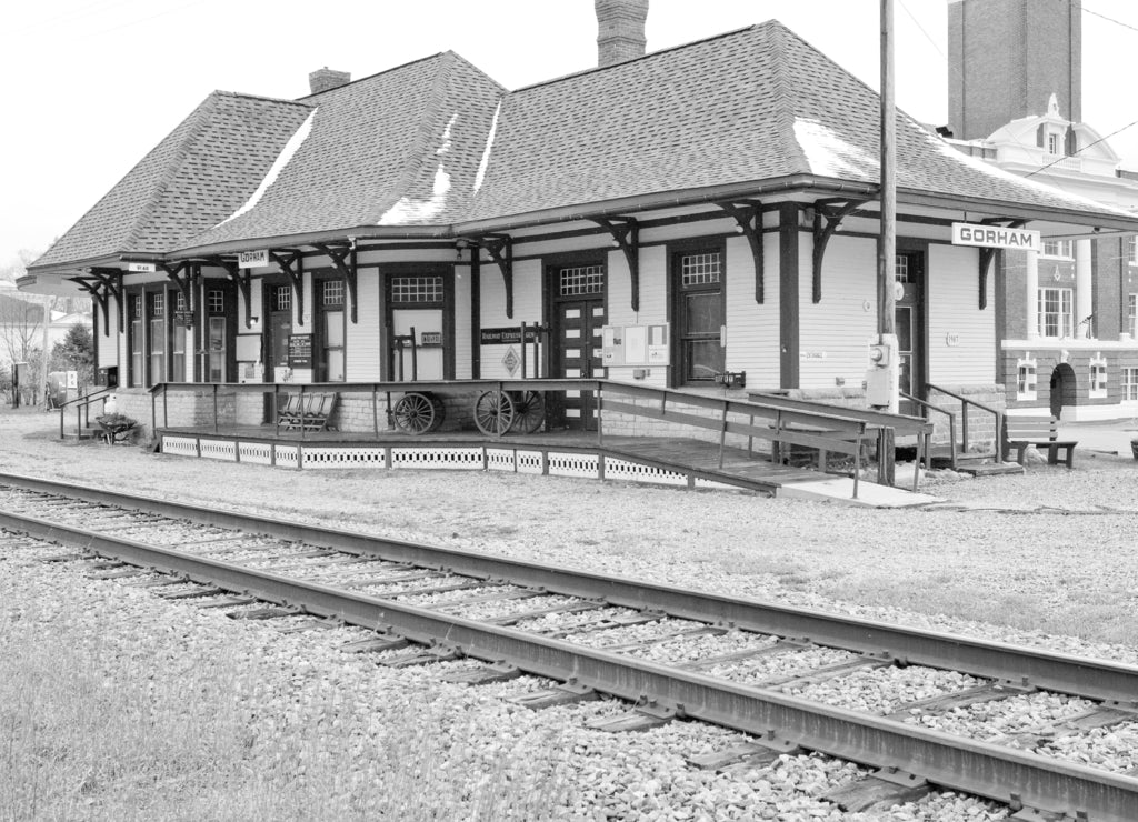 Railroad Museum, Gorham, New Hampshire, USA in black white