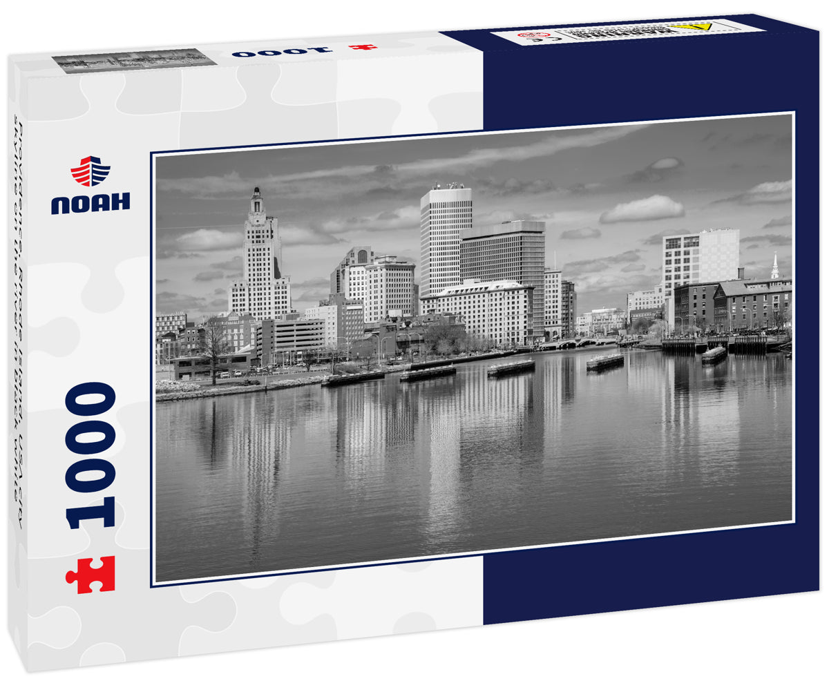 Providence, Rhode Island, USA city skyline on the river in black white