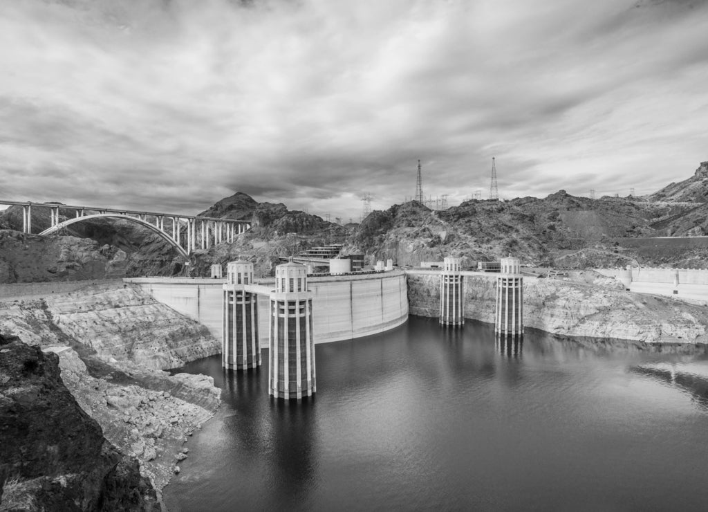 View of the Hoover Dam in Nevada, USA in black white