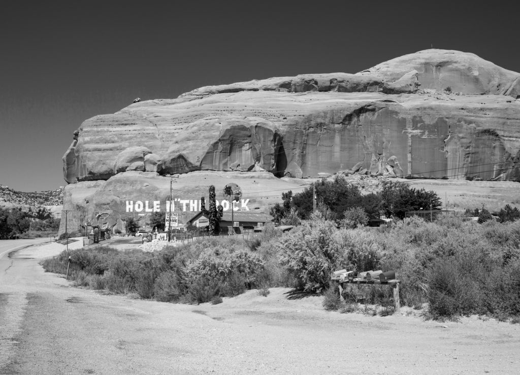 Hole N The Rock near Moab, Utah in black white