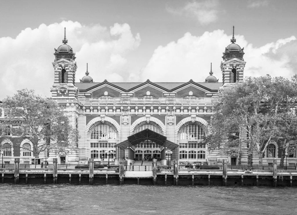 Exterior View of historic Ellis Island Immigrant Museum, New Jersey in black white