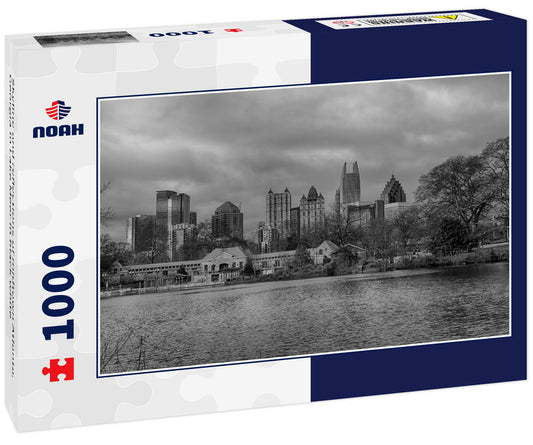 Skyline and reflections of midtown Atlanta, Georgia in Lake Meer in black white