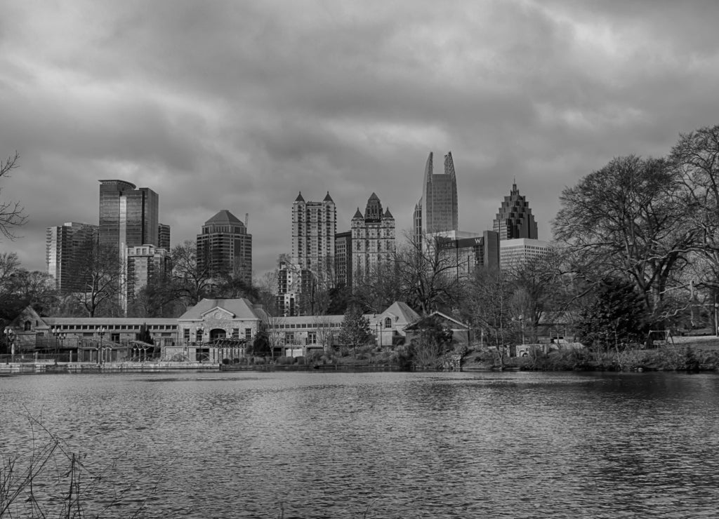 Skyline and reflections of midtown Atlanta, Georgia in Lake Meer in black white