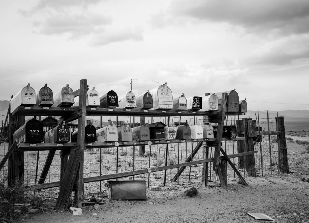 Mailboxes at Gold Point Nevada in black white