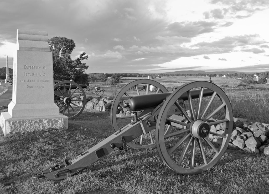 Driving tour at Gettysburg National Battlefield, Pennsylvania in black white