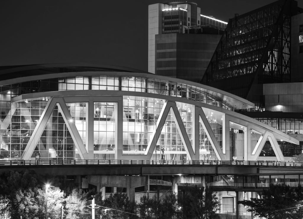 Philips Arena and CNN Center in Atlanta, Georgia USA in black white