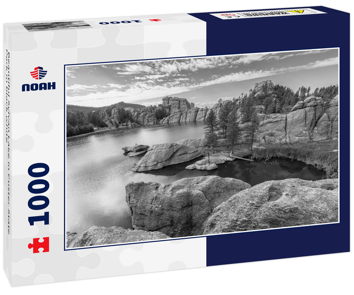 Beautiful Sylvan Lake in Custer State Park in black white