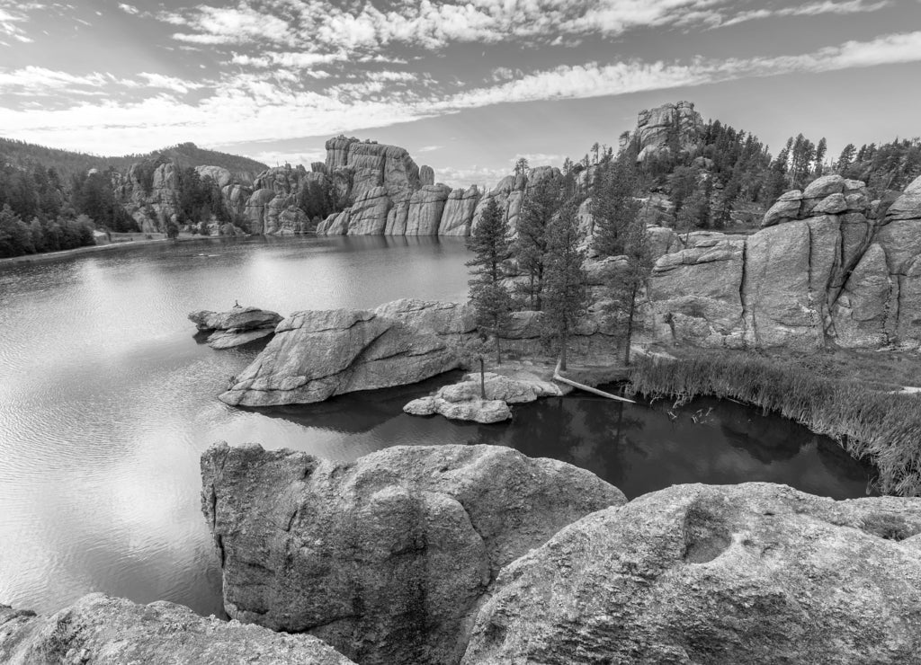 Beautiful Sylvan Lake in Custer State Park in black white