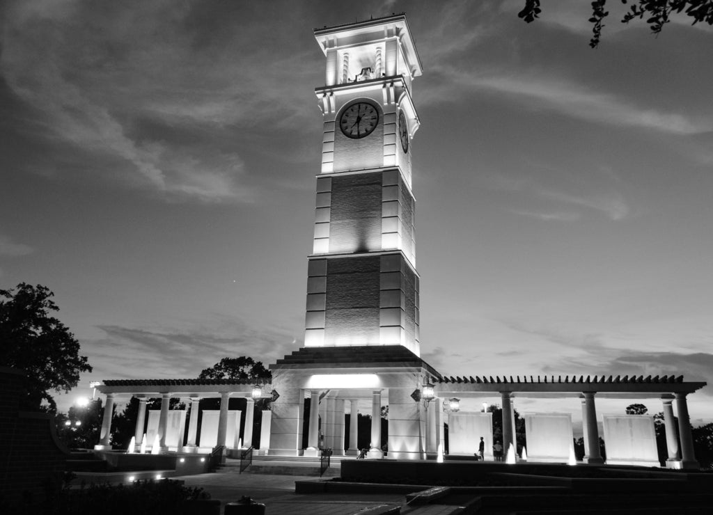 Moulton Tower, on the campus of the University of South Alabama in black white