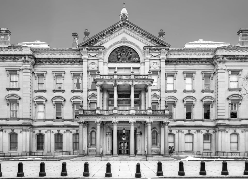 New Jersey State House on a sunny morning. Built in 1790, the New Jersey State House, located in Trenton, is the capitol building for the U.S. state of New Jersey in black white