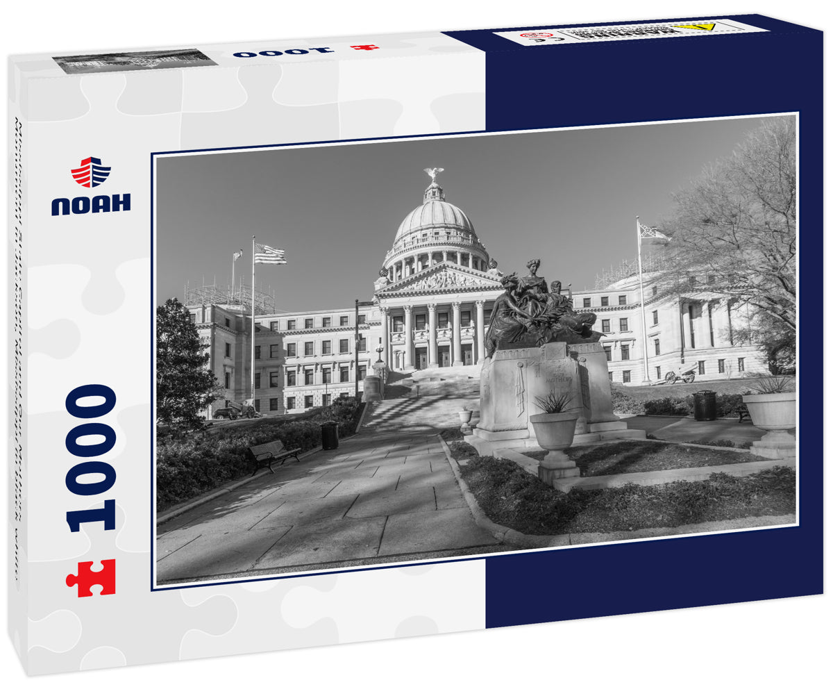 Mississippi State Capitol and Our Mothers Monument in Jackson, Mississippi in black white