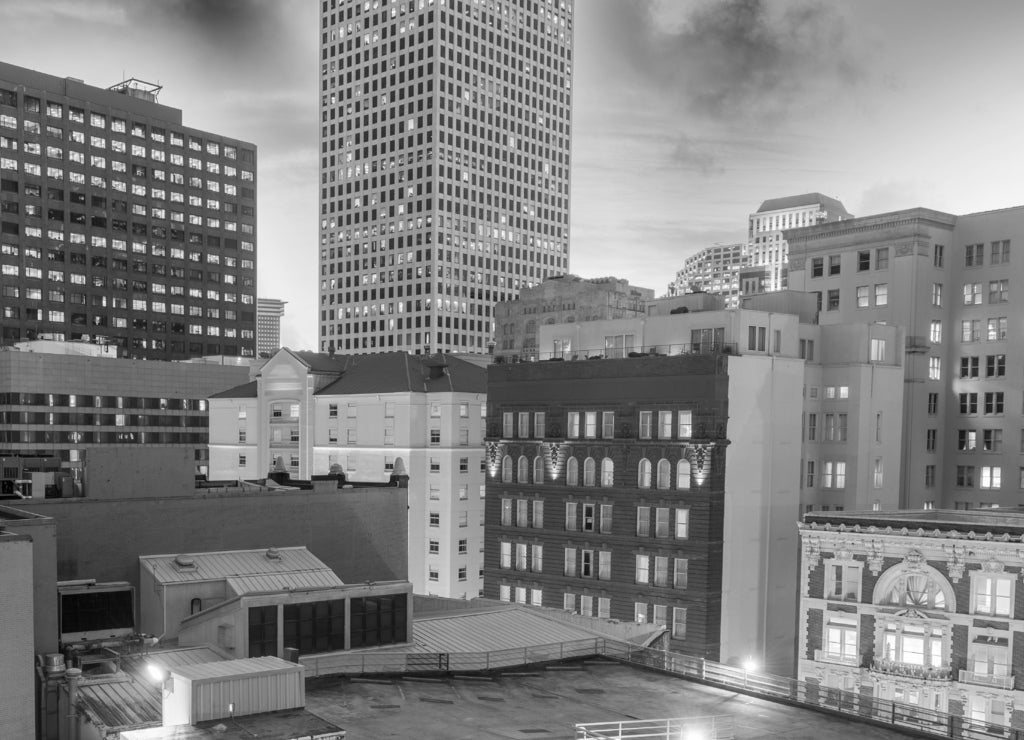 Buildings and skyline of New Orleans, Lousiana in black white