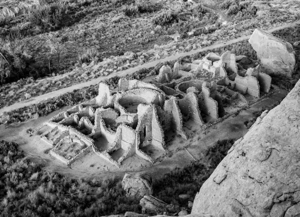 Chaco Culture National Historical Park in New Mexico in black white