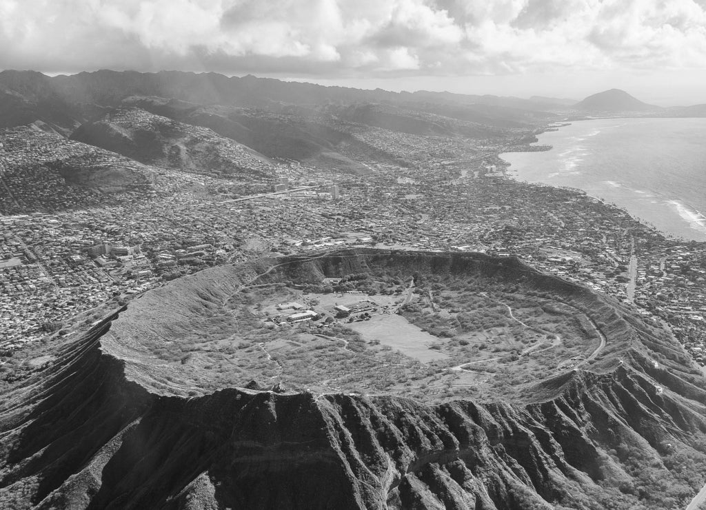 Beautiful aerial view on the diamond head crater on the island of Oahu, Hawaii in black white