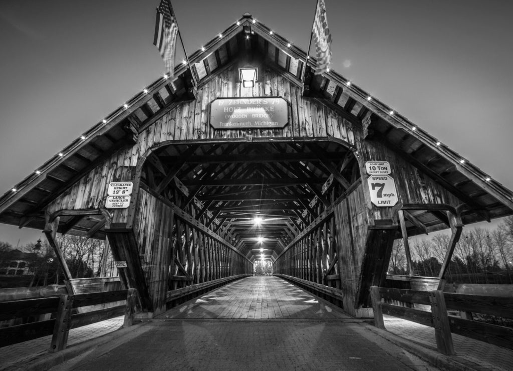 Frankenmuth Michigan Covered Bridge in black white