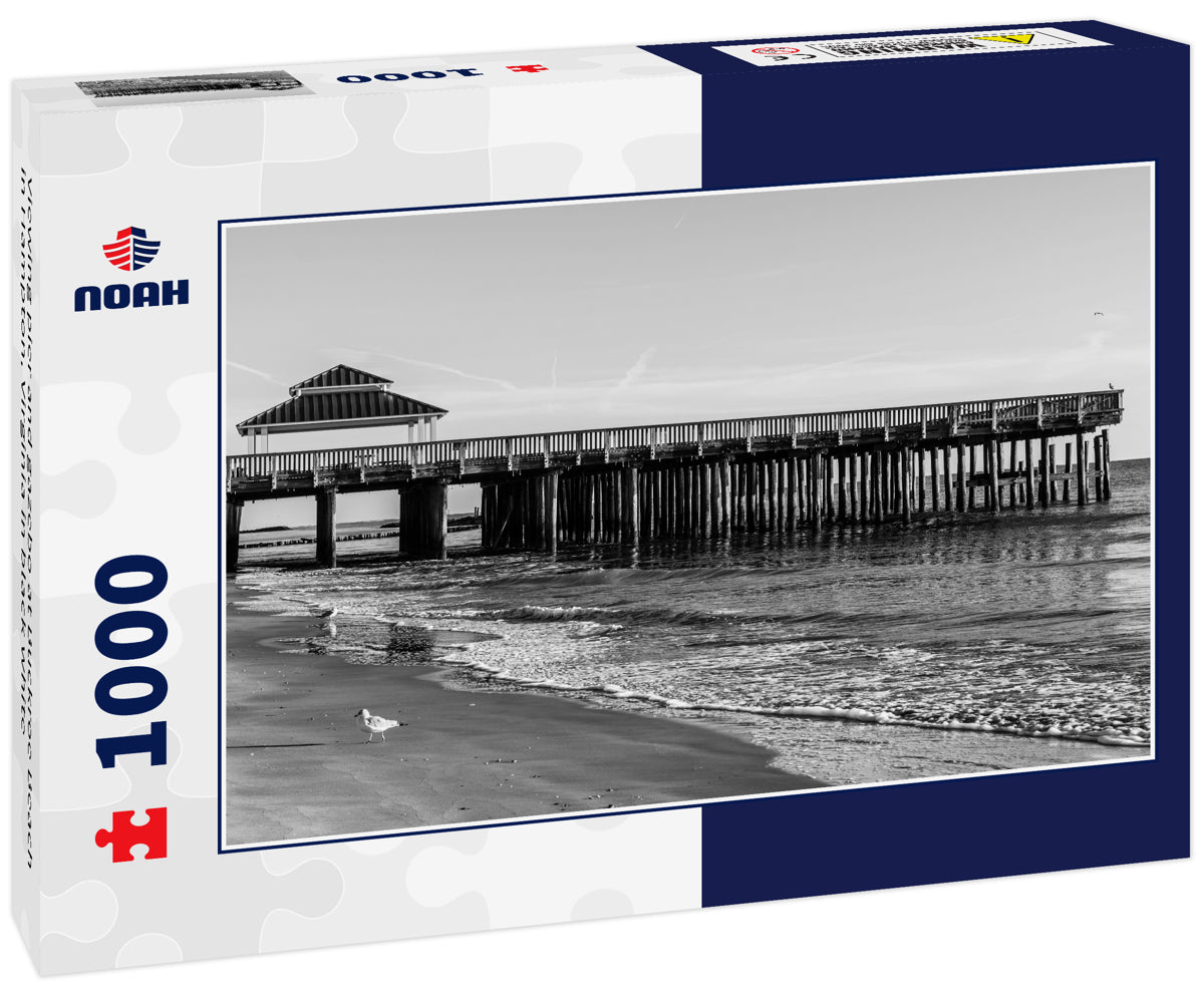 Viewing pier and gazebo at Buckroe Beach in Hampton, Virginia in black white