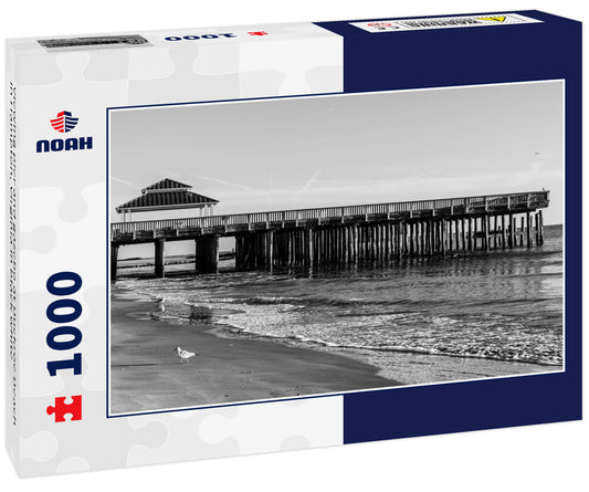 Viewing pier and gazebo at Buckroe Beach in Hampton, Virginia in black white