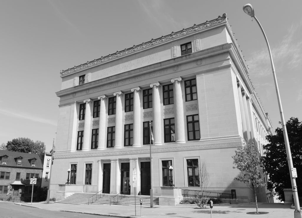 Court House of Albany County Building in downtown Albany, New York State, USA in black white