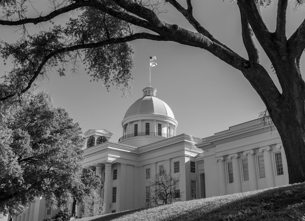 Alabama State Capitol Front Right Angle: Front right perspective of the Alabama State Capitol building in black white