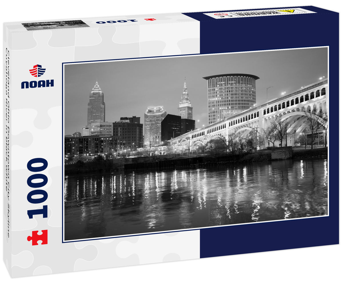 Cleveland Ohio Downtown City Skyline Cuyahoga River in black white