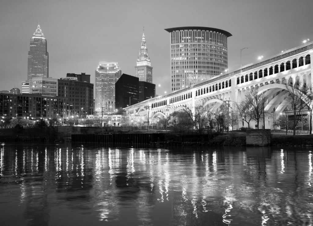 Cleveland Ohio Downtown City Skyline Cuyahoga River in black white