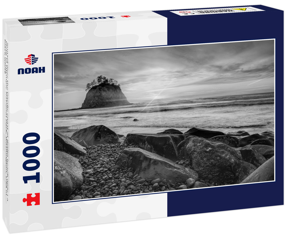 Sunset over the Pacific coast at Rialto beach near La Push in Olympic National Park, Washington, USA in black white