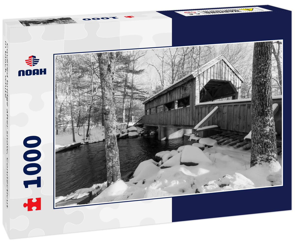 Covered bridge after snow, Connecticut in black white