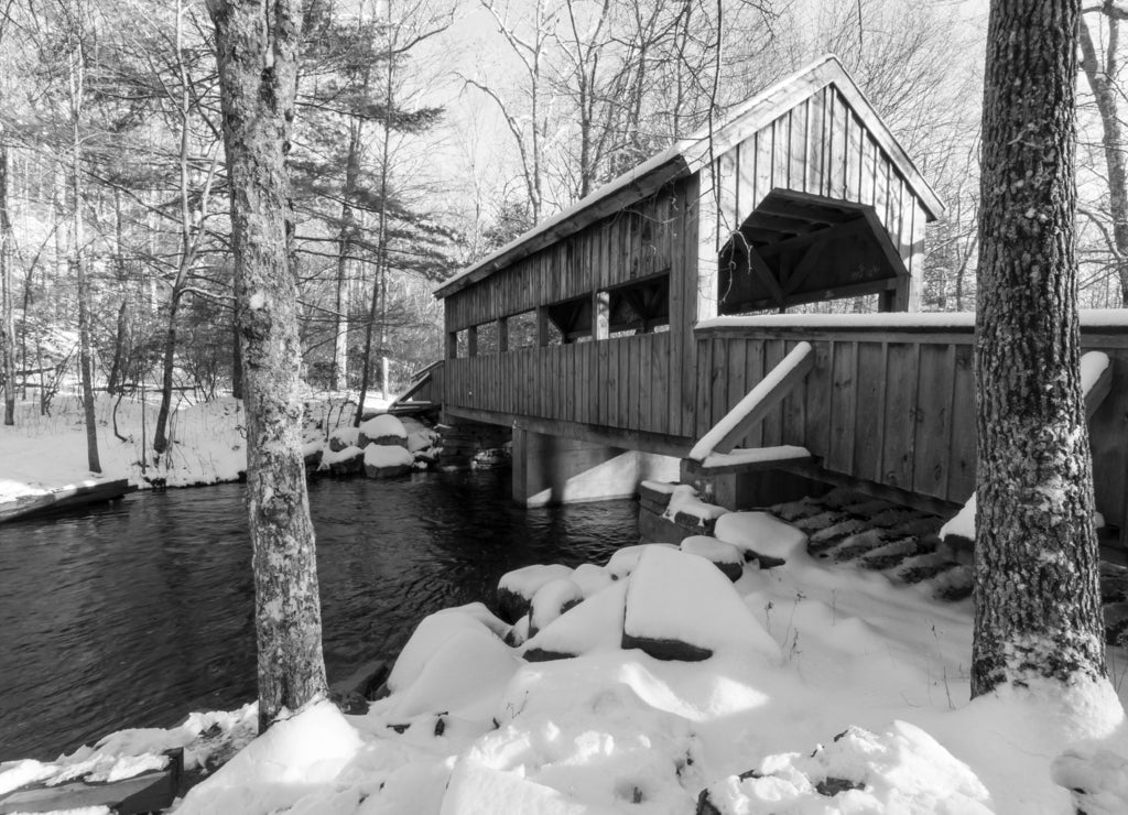 Covered bridge after snow, Connecticut in black white