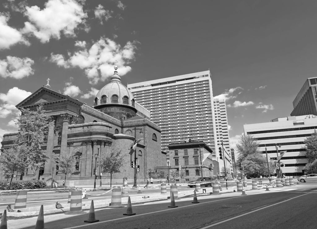 Cathedral Basilica of Saints Peter and Paul in Philadelphia, Pennsylvania in black white