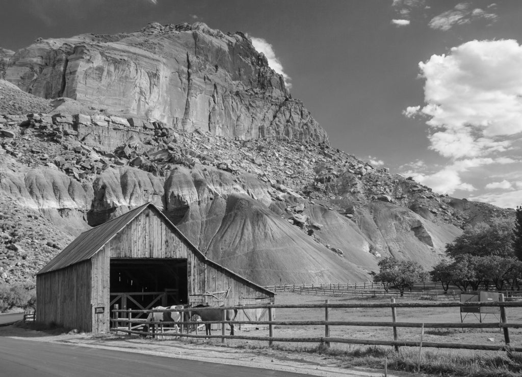 Gifford Farm-house at Capitol Reef National Park, Utah, USA in black white