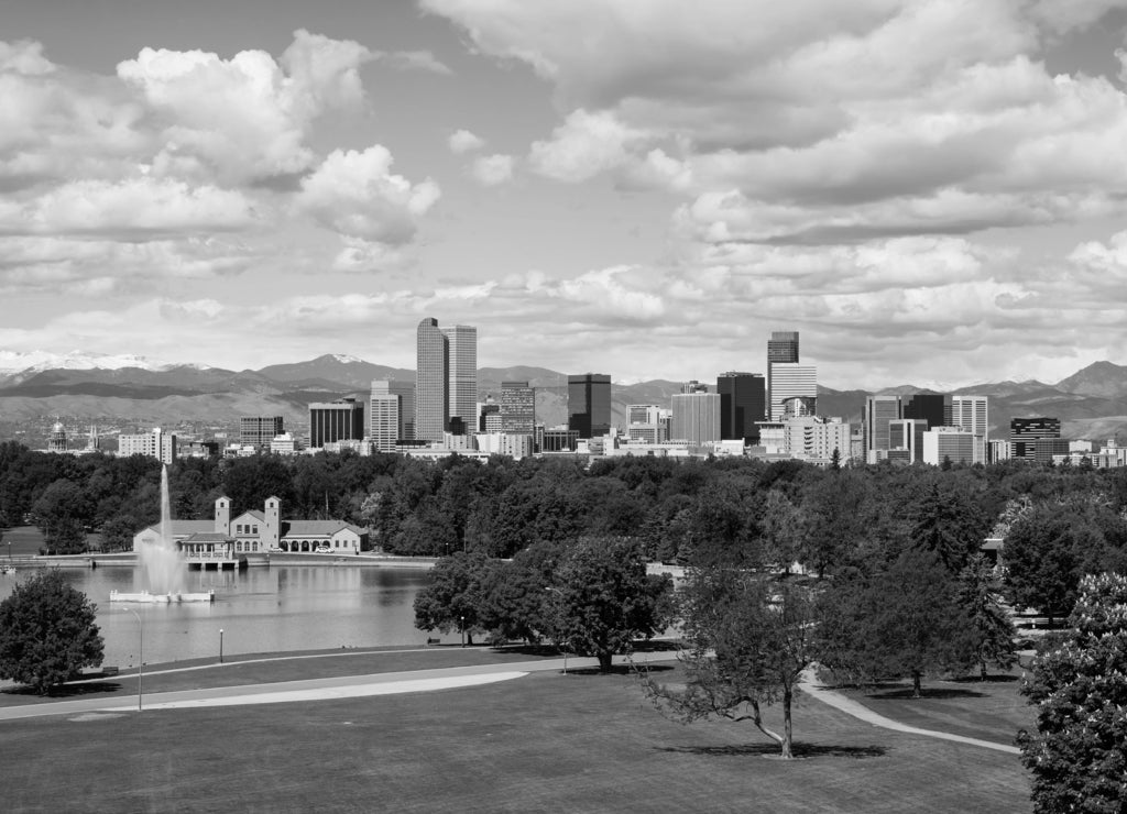 Denver Colorado downtown with City Park in black white