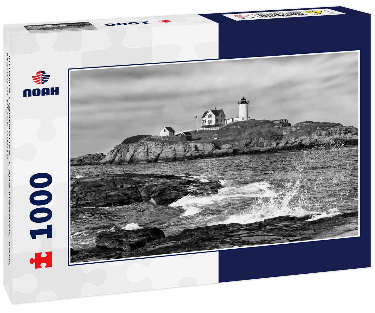 Nubble Lighthouse, Cape Neddick, York, Maine in black white