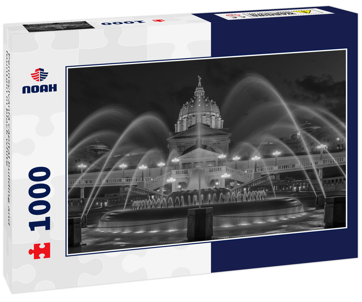 Pennsylvania capital building and fountain in black white