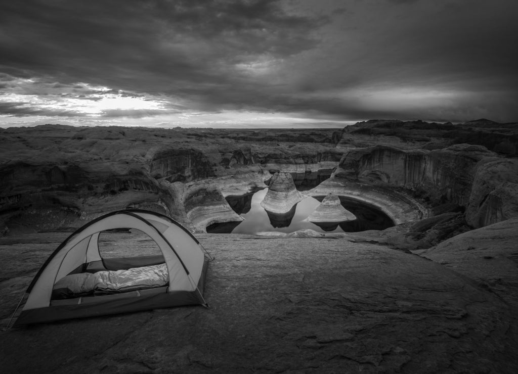 Remote Camping Lake Powell Reflection Canyon Utah USA in black white