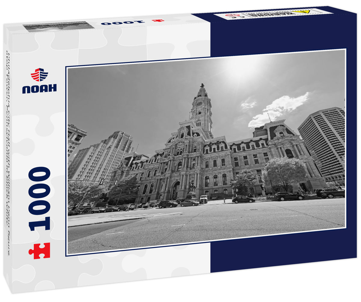 Philadelphia City Hall with William Penn figure atop Tower, Pennsylvania in black white