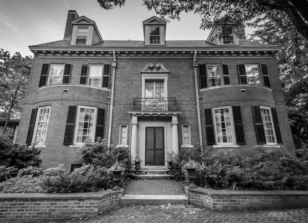 Brick house in the College Hill neighborhood of Providence, Rhode Island in black white