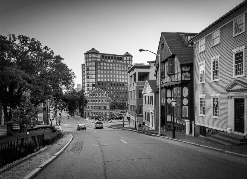 Buildings along Thomas Street, in Providence, Rhode Island in black white