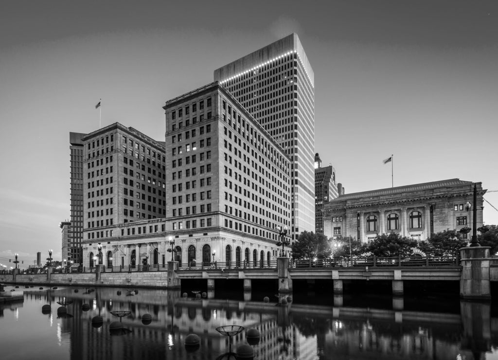 Buildings along the Providence River at twilight, in downtown Providence, Rhode Island in black white